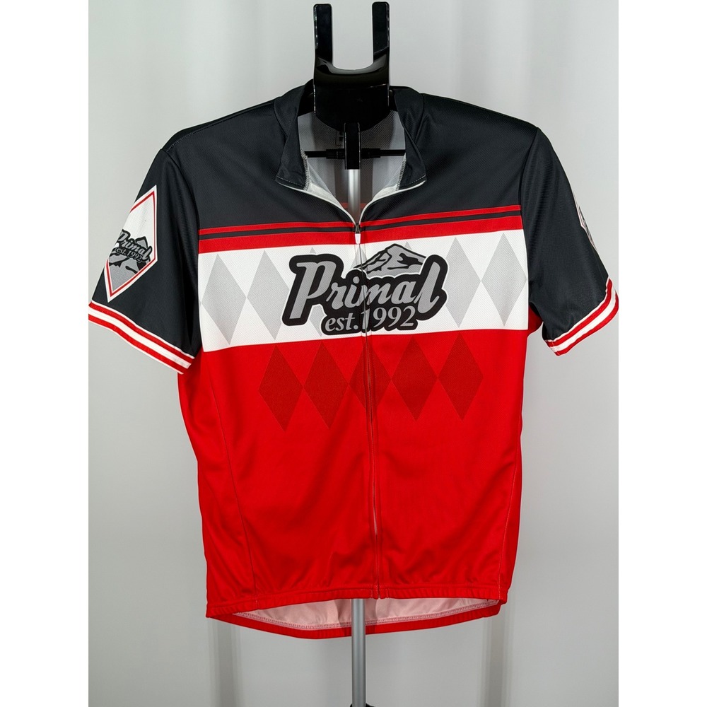 Primal Wear Mens Cycling Jersey Large Red Black Argyle Full Zip Bike Shirt